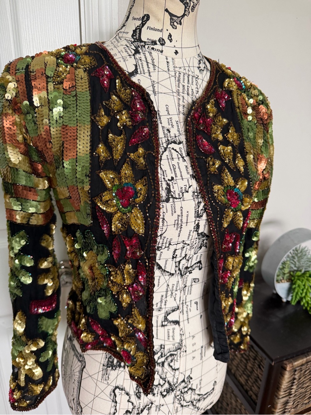 Vintage silk Embellished Sequin Floral Jacket Multicolor evening formal Sz M